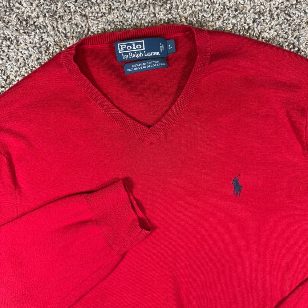 Polo Ralph Lauren V-Neck Men Large Red Pima Cotton Pony Logo Preppy Sweater